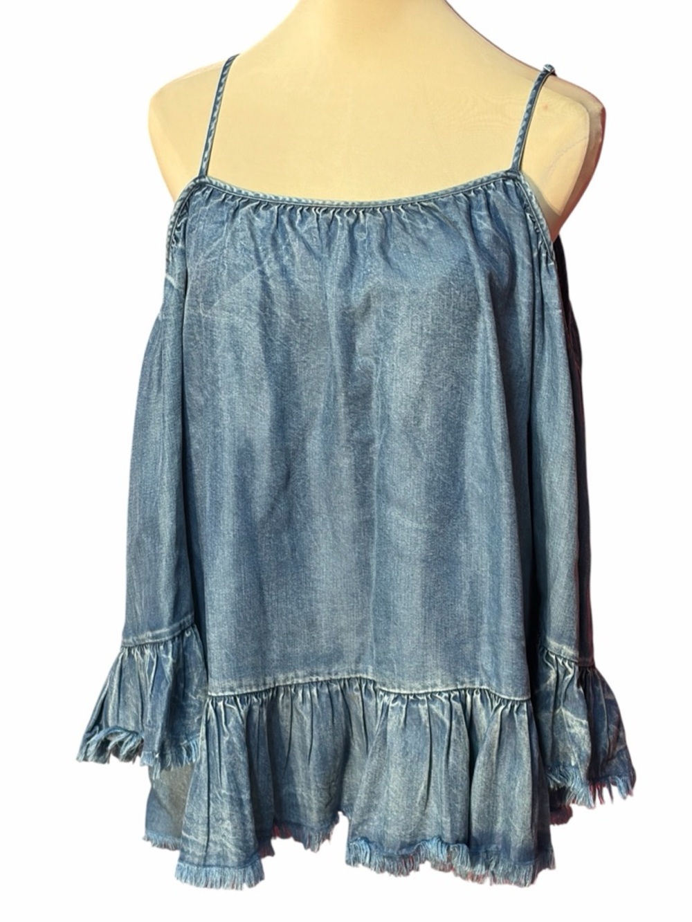 Takara Light Denim Cold Shoulder Ruffle Top Size M Blue Spaghetti Strap